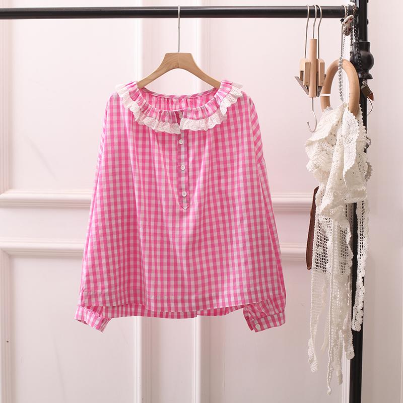 日系复古格子衬衫女宽松小清新