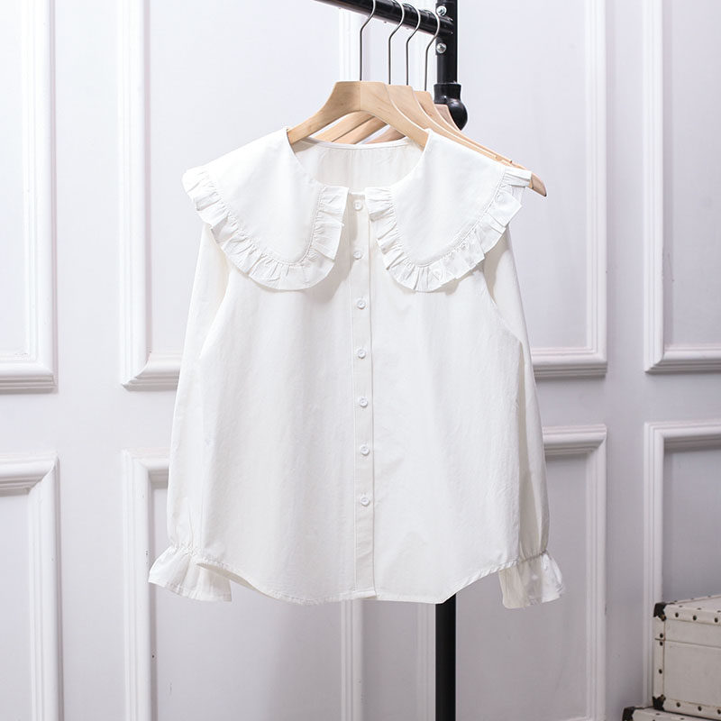 春装娃娃领白衬衫女大码小清新宽松百搭打底衫文艺学院风衬衣上衣