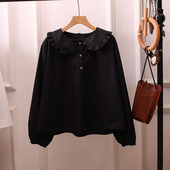 宽松百搭减龄小清新大码 日系娃娃领白衬衫 打底衫 设计感女上衣黑色