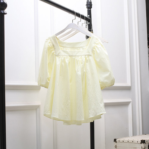 短袖百搭薄荷叶边棉女大码胖方领