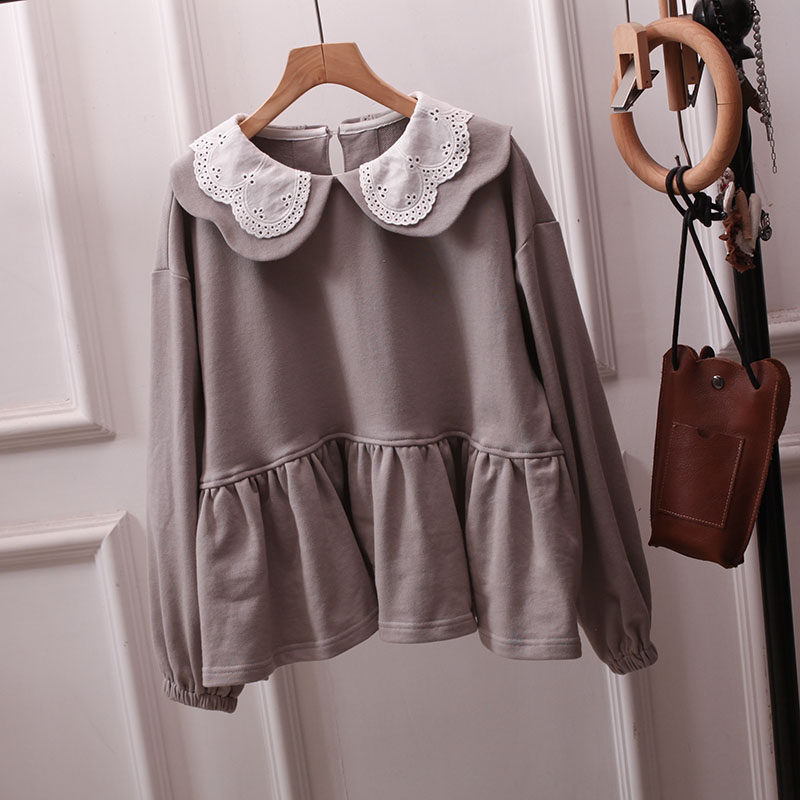 秋冬日系娃娃领卫衣女灰色宽松荷叶边减龄百搭文艺长袖上衣大码胖