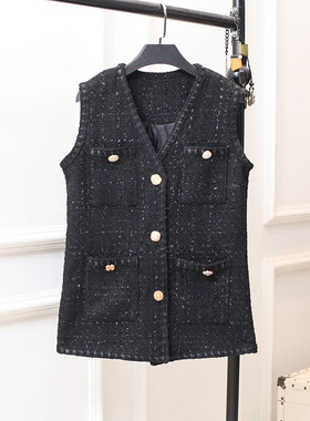 小香风马甲女大码V领气质百搭名媛黑色编织粗花呢中长秋冬外套胖m