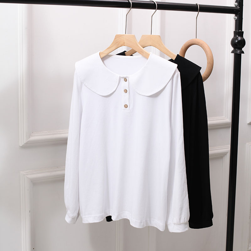 长袖日系娃娃领棉T女大码