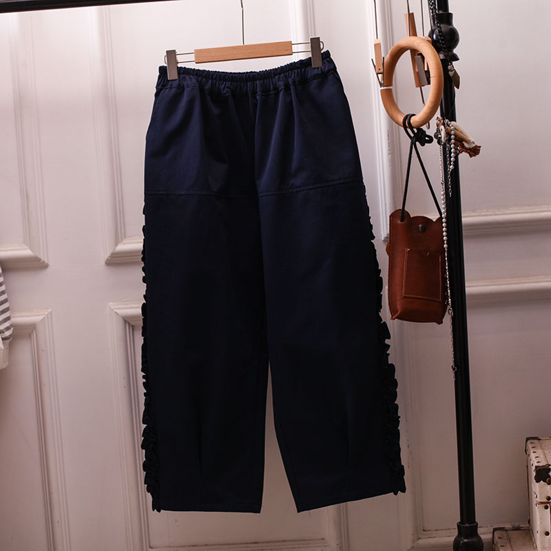 复古日系松紧腰花边休闲裤工装裤