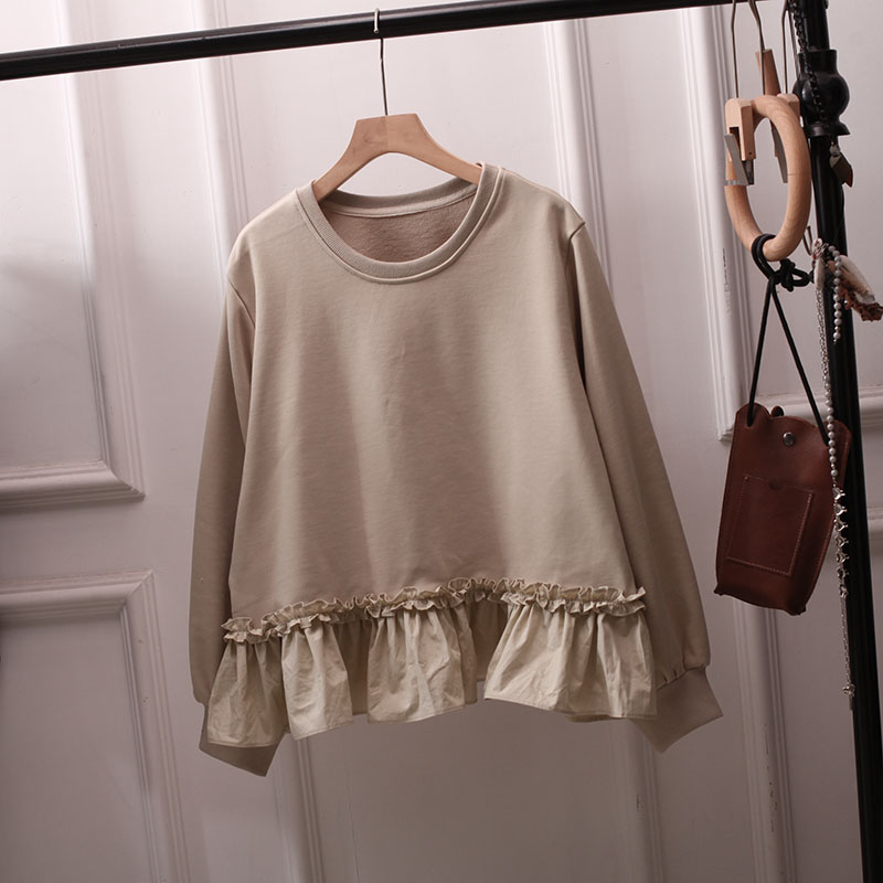 复古日系甜美荷叶边拼接卫衣女