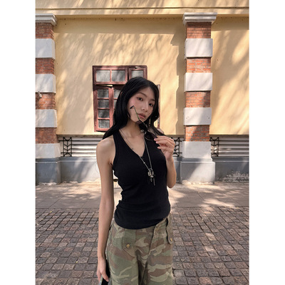 H.P简约无袖个性拉链针织吊带v领背心女轻薄透气修身显瘦百搭上衣