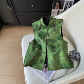 春秋单面穿提花叠穿上衣新款 2025新中式 绿色刺绣马甲复古盘扣女装
