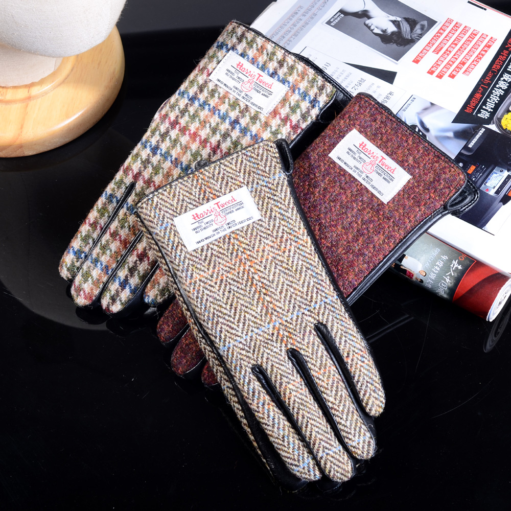女花呢触控纯羊毛皮手套保暖