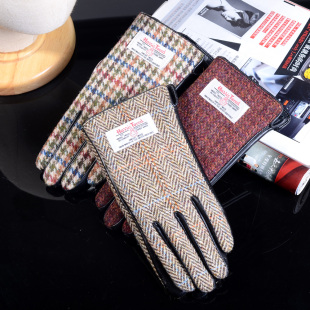 哈里斯harris tweed女纯羊毛粗花呢布触控真皮手套冬保暖加绒加厚