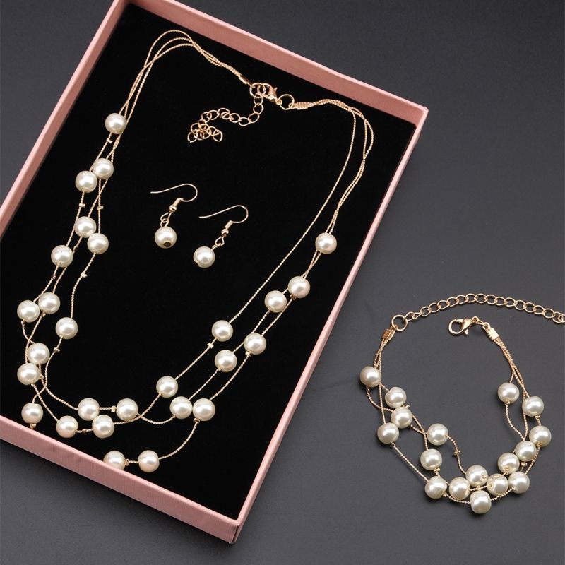 韩版时尚珍珠项链手链耳环套装女三件套珍珠项链饰品个性气质百搭