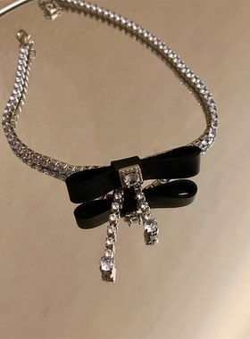 甜酷轻奢风重工精致名媛项圈 蝴蝶结镶钻颈链流苏choker项链锆石