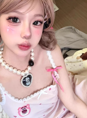 黑白撞色小狗珍珠爱心吊坠项链女卡通可爱高级感锁骨链百搭颈链