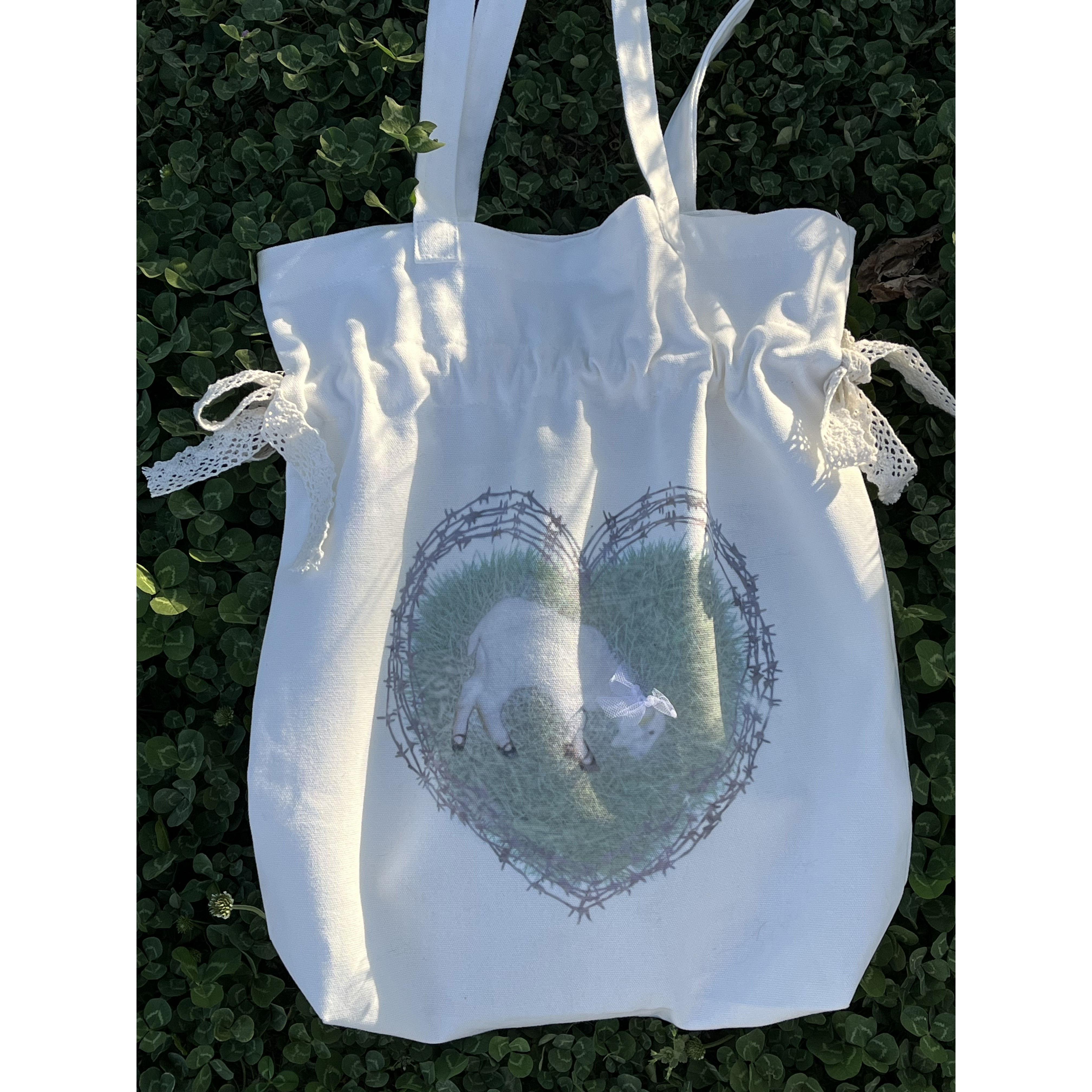 幸福的草 穿鞋子的羊 原创印花自制单肩帆布包 抽绳包 可爱梦幻