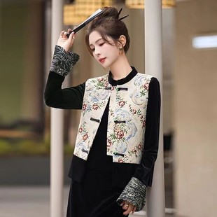 春秋復(fù)古坎肩媽媽裝 寬松顯瘦上衣 國風(fēng)盤扣拼接外套馬甲女款 新中式