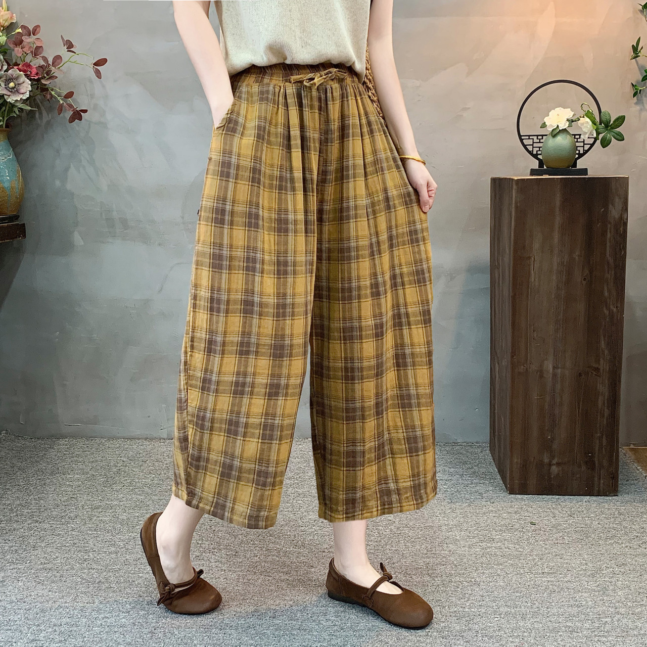 夏季格子高腰显瘦八分休闲裤女