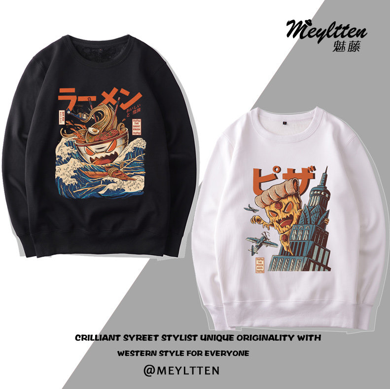 日系复古插画海报拉面怪物汉堡怪物 烧烤章鱼怪物圆领卫衣服上衣