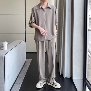 2025新款冰丝时尚休闲套装男款潮牌痞帅高级感短袖衬衫裤子两件套