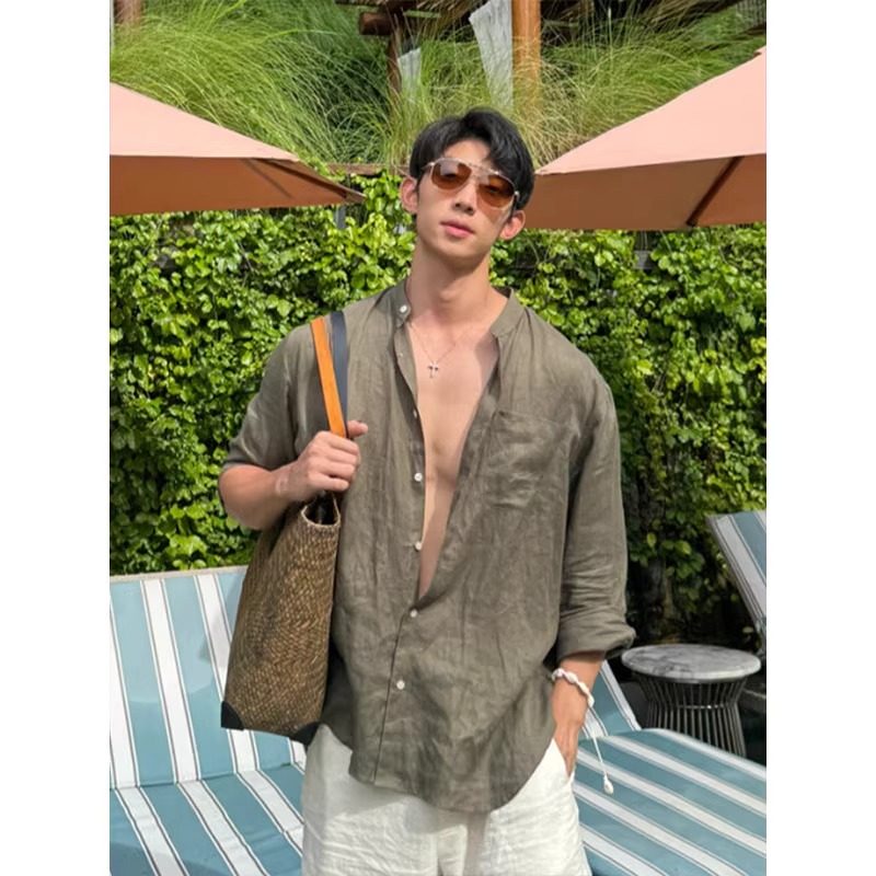 25年爆款立领亚麻衬衫男款夏季轻薄宽松休闲百搭防晒长袖衬衣外套