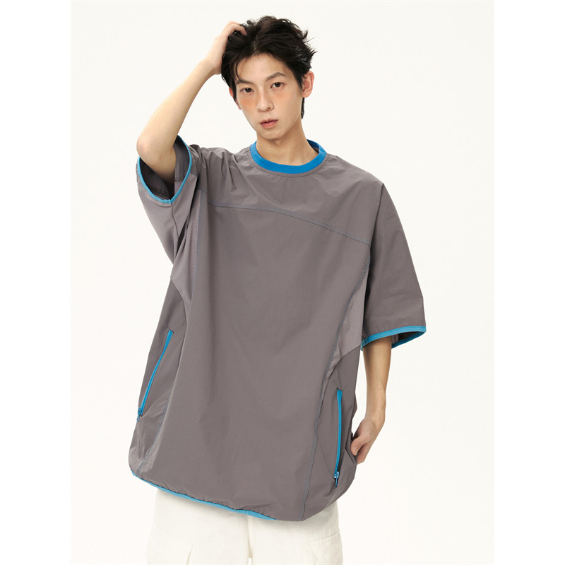 美式冰丝速干撞色拉链口袋短袖t恤男夏季薄款梭织插肩袖半袖上衣