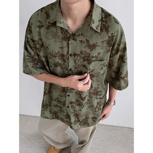 夏季冰丝古着感花卉短袖男款衬衫夏威夷休闲百搭个性宽松潮牌衬衣