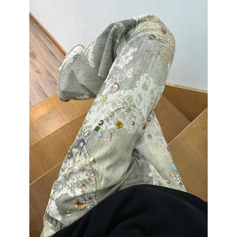 美式复古3D涂鸦印花牛仔裤男款高街设计感高级感直筒痞帅裤子男潮