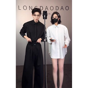 雅痞风黑色绿松石长袖衬衫男2025夏季新款潮牌痞帅高级感宽松衬衣