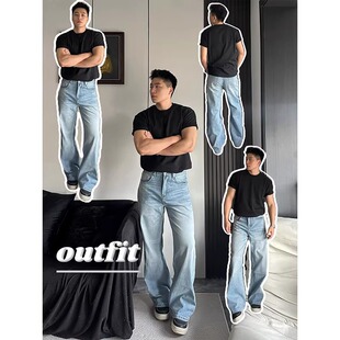 美式复古水洗蓝牛仔裤男款夏季潮流痞帅高级感宽松直筒阔腿裤子