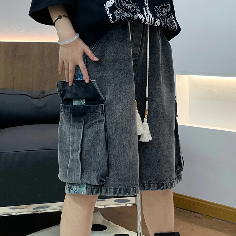 黑灰色大口袋工装牛仔短裤男夏季国风拼接直筒百搭复古水洗五分裤
