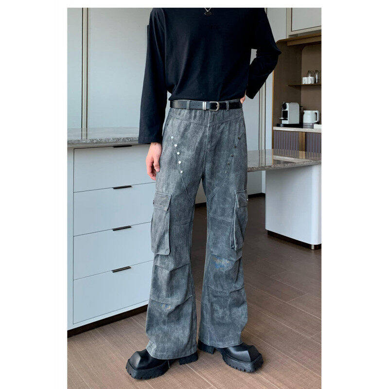 美式复古重工铆钉牛仔裤男款潮牌痞帅高街vibe风褶皱微喇工装裤子