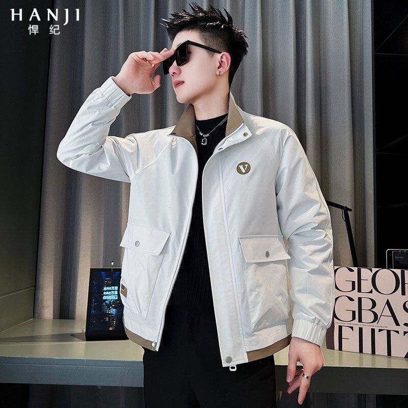 男款秋季外套爆款2024新款潮牌立领夹克衫春装男士白色休闲上衣服