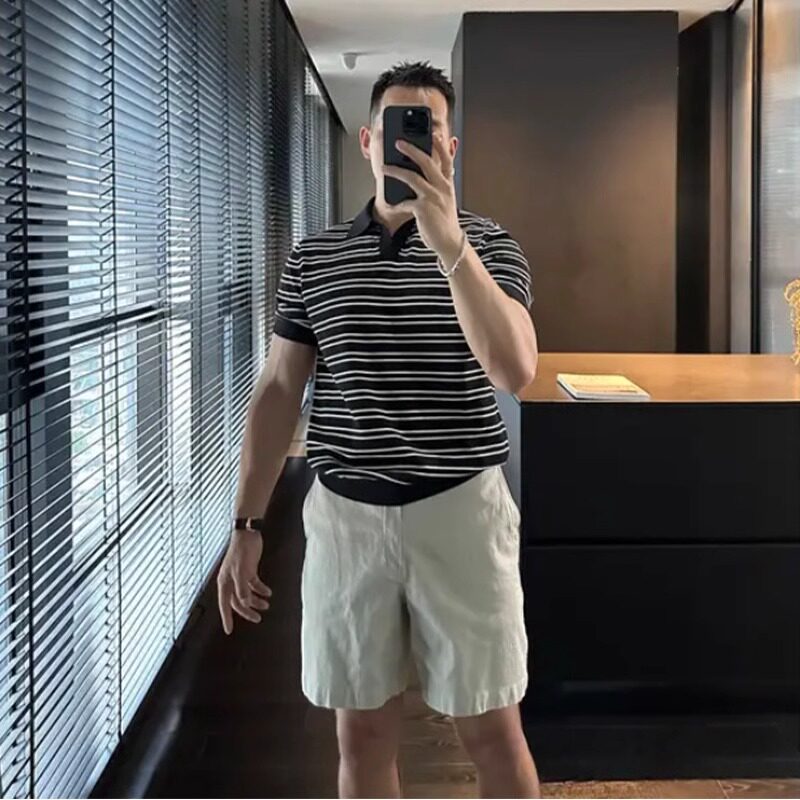 2025夏季新款男士条纹针织V领短袖POLO衫高端商务休闲正肩半袖T恤