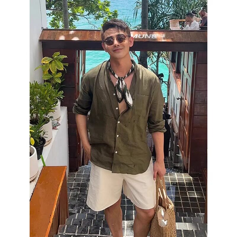 老钱风复古立领亚麻长袖衬衫男夏季新款雅痞成熟休闲百搭衬衣外套