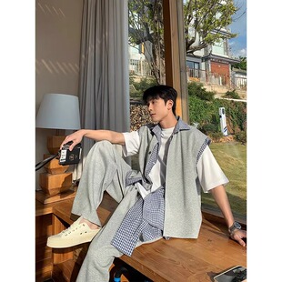 灰色假两件格子拼接马甲男款2025夏季韩系穿搭外穿小众设计感开衫