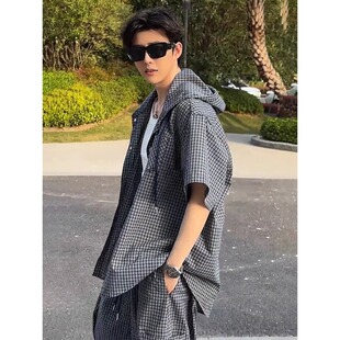 夏季新款美式复古格子连帽衬衫时尚套装男款高级感短袖长裤两件套