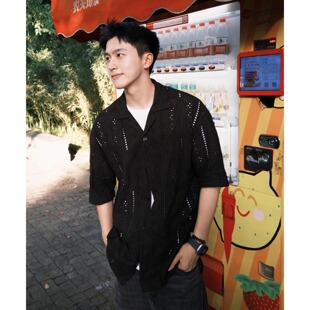 黑色古巴领镂空衬衫男款夏季潮牌高级感短袖衬衣cleanfit半袖外套