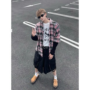 2025夏季新款美式复古脏粉色扎染格子短袖衬衫男潮流休闲百搭衬衣