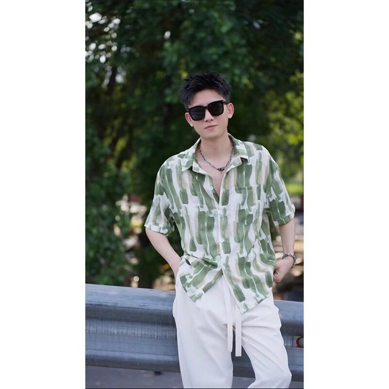 夏季新款设计感绿色条纹长袖衬衫男休闲宽松上衣痞帅垂感半袖衬衣