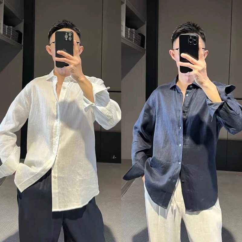 老钱风天丝亚麻长袖衬衫男夏季薄款慵懒轻奢衬衣纯色简约防晒外套