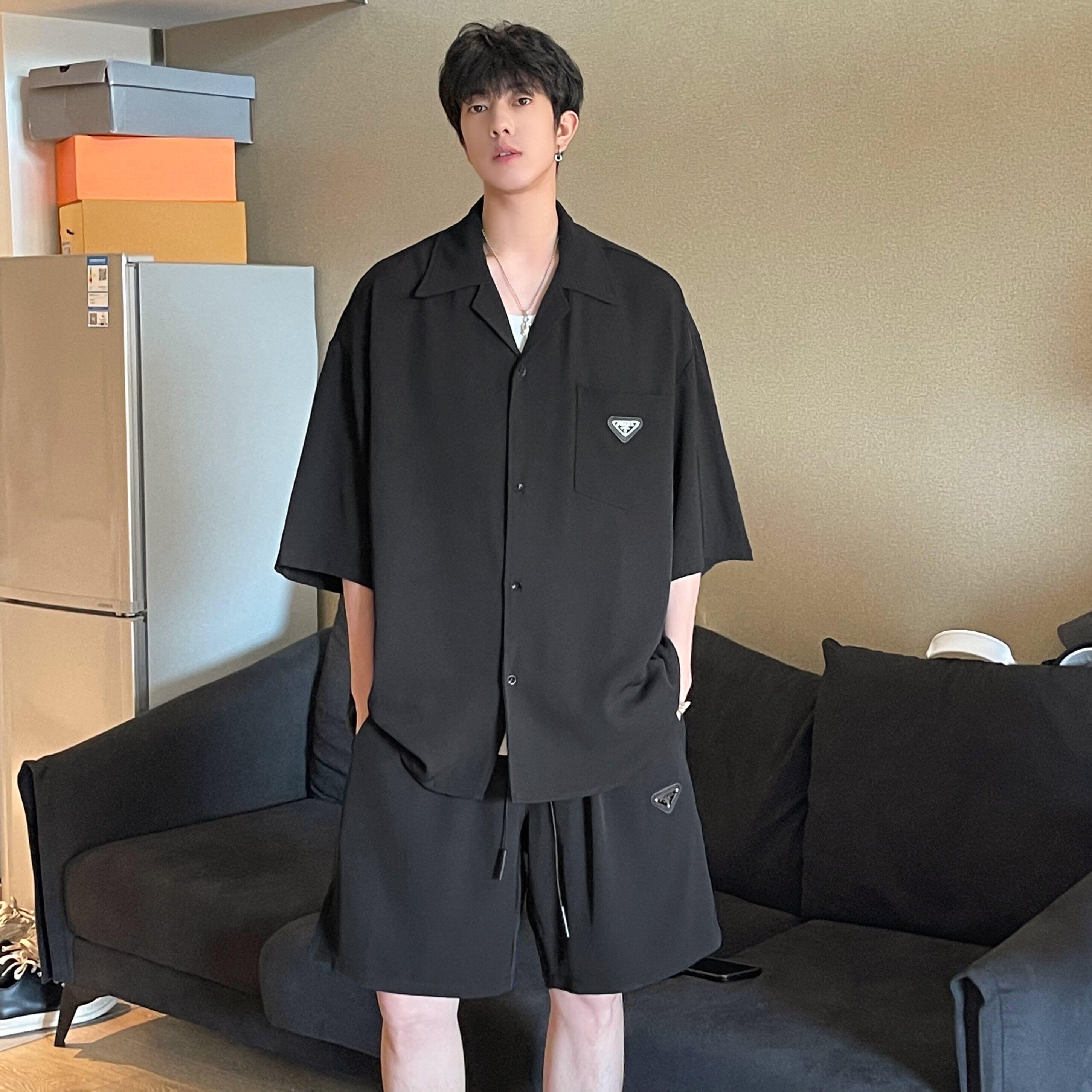 夏季黑色锻面短袖衬衫男韩系百搭慵懒风休闲衬衣短裤搭配两件套潮