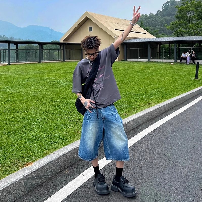 蓝色闪电纹水洗牛仔短裤男款夏季美式高街痞帅宽松直筒阔腿七分裤