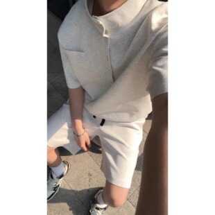 2025夏季痞帅休闲运动套装男款宽松百搭立领短袖短裤高级感两件套