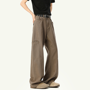 2025新款美式复古水洗阔腿牛仔裤男款高腰多口袋设计直筒工装裤子