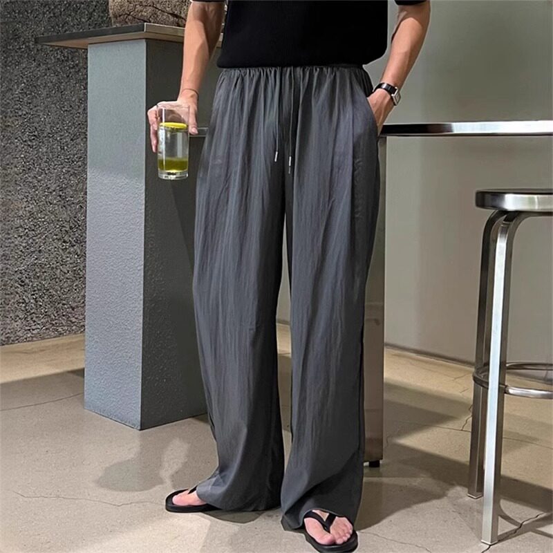 夏季薄款褶皱冰丝长裤男款日系宽松凉感慵懒风直筒垂感阔腿休闲裤
