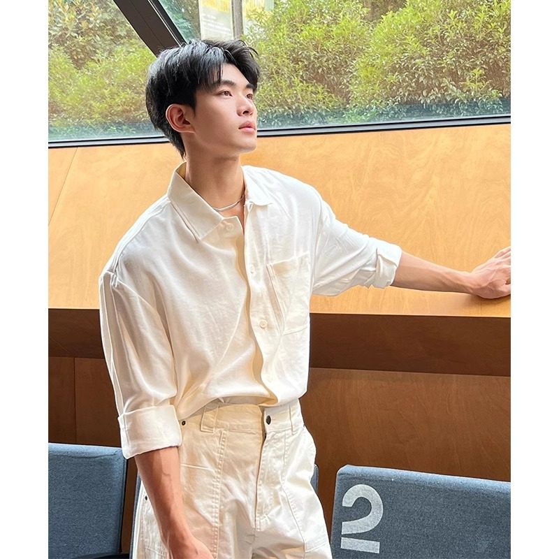 2025夏季新款白色长袖衬衫男款老钱风透气韩系衬衣百搭高级感外套