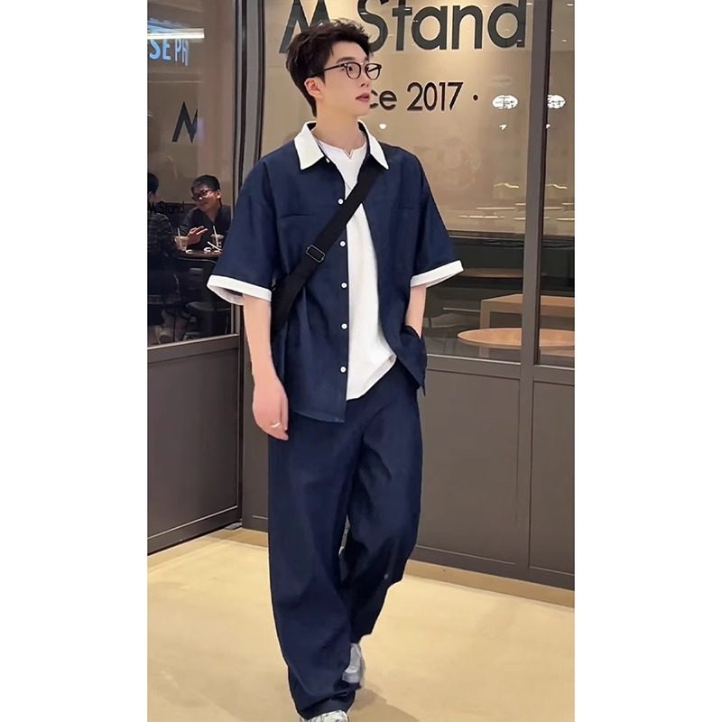 韩版撞色拼接牛仔短袖衬衫男款夏季时尚穿搭高级感休闲长裤两件套