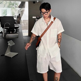 韩系高级感亚麻短袖套装男夏季新款老钱风痞帅休闲衬衣短裤两件套