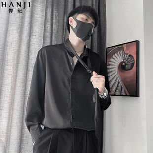 禁欲系黑色衬衫男士秋季款长袖衬衣发型师男装潮牌宽松休闲上衣服