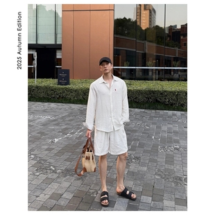 2025新款松弛感老钱风套装男夏季天丝亚麻防晒衬衣五分短裤两件套