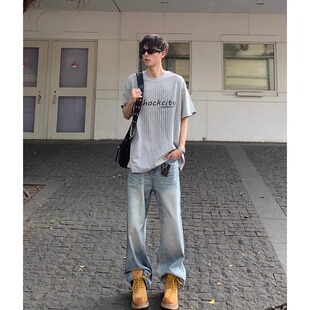 夏季灰色竖条纹字母短袖T恤男潮牌重磅百搭痞帅宽松休闲半袖上衣