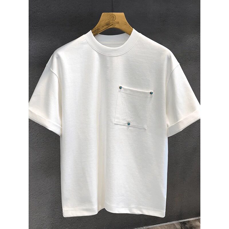 2025新款白色轻奢感短袖t恤男小众简约高级感绿松石圆领半袖上衣